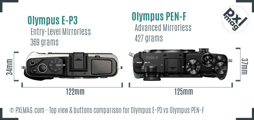 Olympus E-P3 vs Olympus PEN-F top view buttons comparison