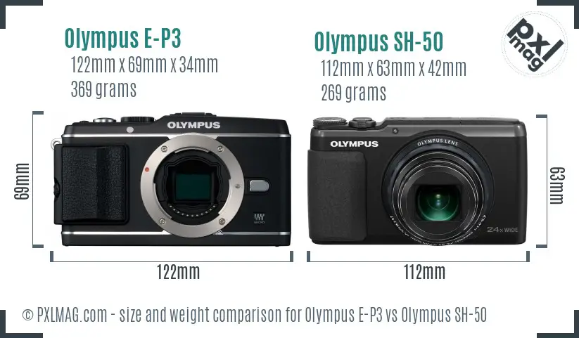Olympus E-P3 vs Olympus SH-50 size comparison