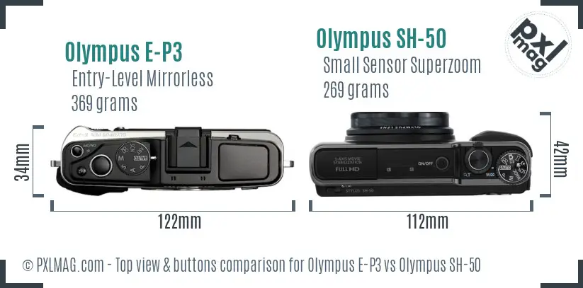 Olympus E-P3 vs Olympus SH-50 top view buttons comparison