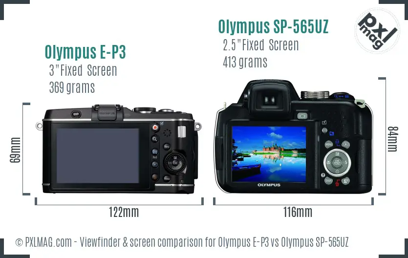 Olympus E-P3 vs Olympus SP-565UZ Screen and Viewfinder comparison