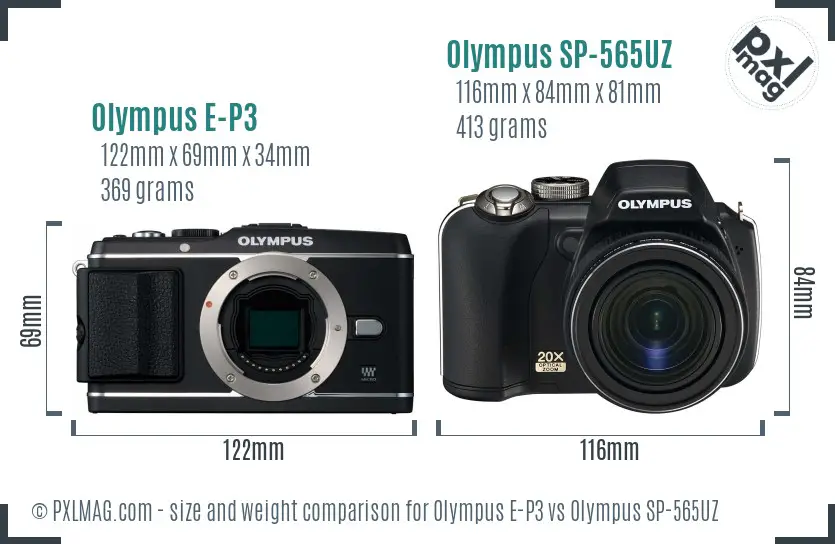 Olympus E-P3 vs Olympus SP-565UZ size comparison