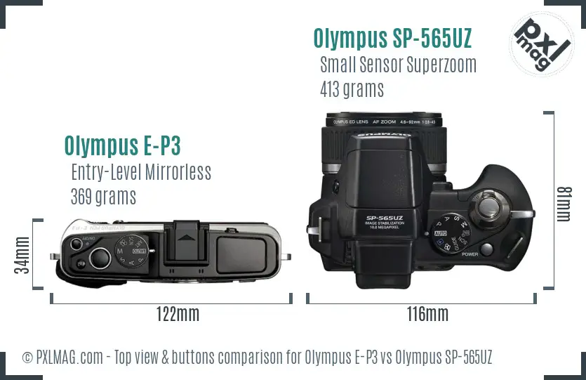 Olympus E-P3 vs Olympus SP-565UZ top view buttons comparison