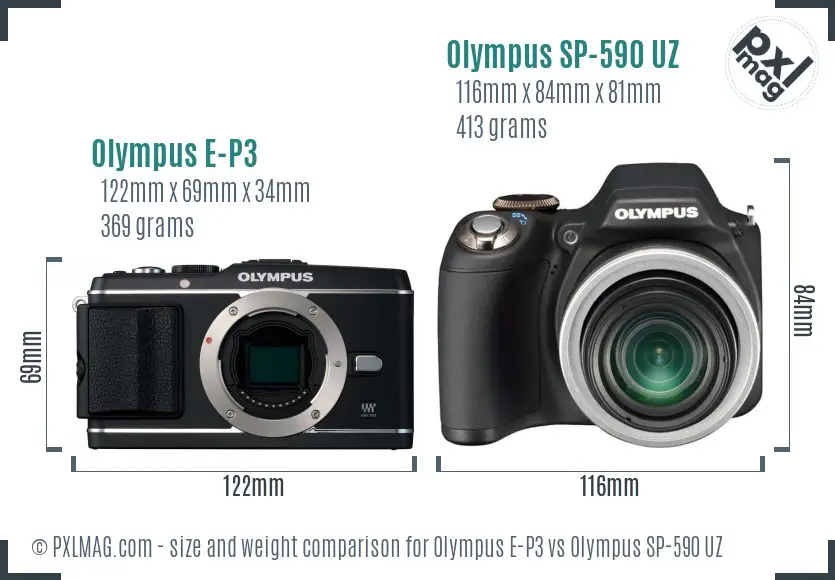 Olympus E-P3 vs Olympus SP-590 UZ size comparison