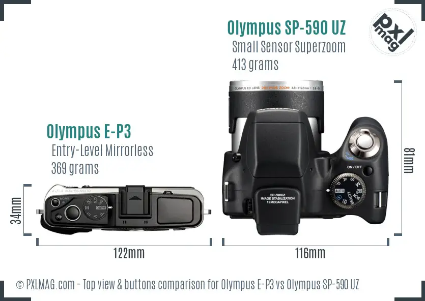 Olympus E-P3 vs Olympus SP-590 UZ top view buttons comparison