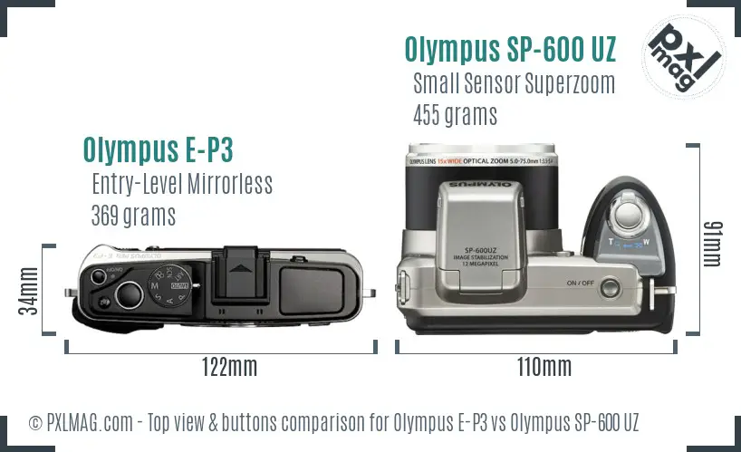 Olympus E-P3 vs Olympus SP-600 UZ top view buttons comparison