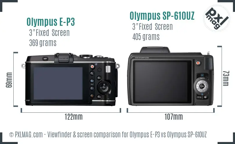 Olympus E-P3 vs Olympus SP-610UZ Screen and Viewfinder comparison