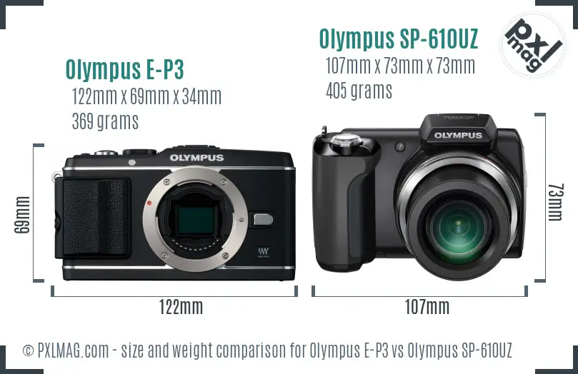 Olympus E-P3 vs Olympus SP-610UZ size comparison