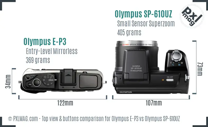 Olympus E-P3 vs Olympus SP-610UZ top view buttons comparison