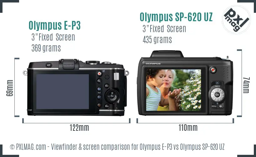 Olympus E-P3 vs Olympus SP-620 UZ Screen and Viewfinder comparison