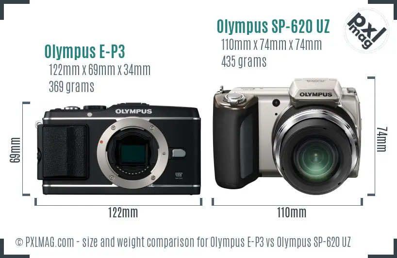 Olympus E-P3 vs Olympus SP-620 UZ size comparison