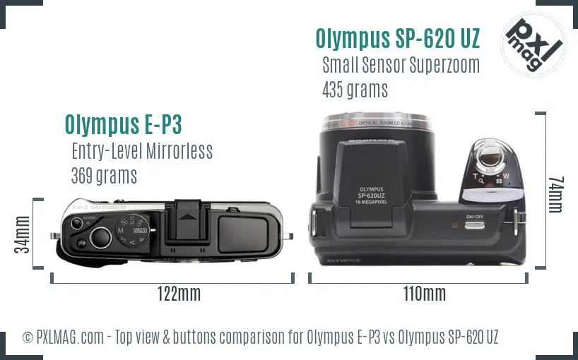 Olympus E-P3 vs Olympus SP-620 UZ top view buttons comparison