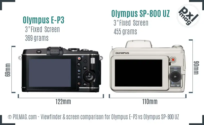 Olympus E-P3 vs Olympus SP-800 UZ Screen and Viewfinder comparison