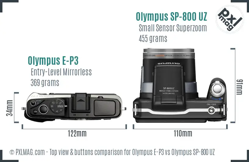 Olympus E-P3 vs Olympus SP-800 UZ top view buttons comparison