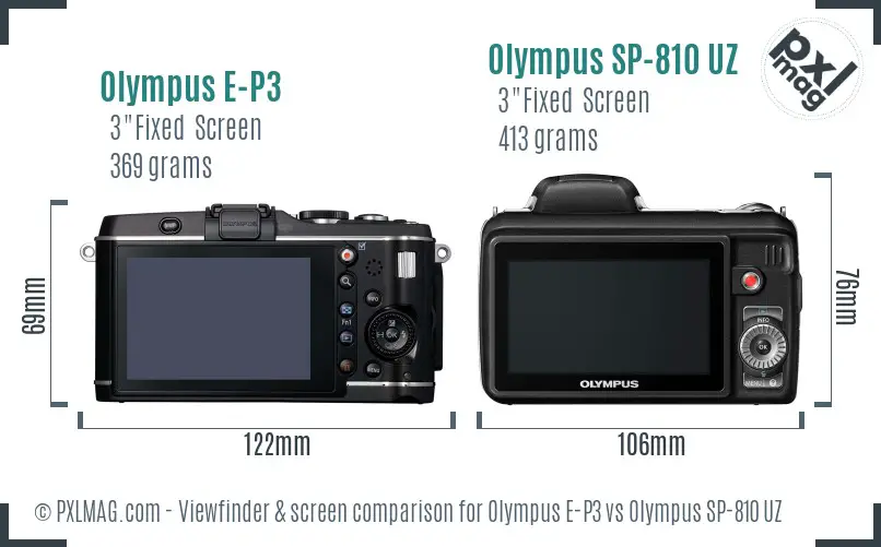 Olympus E-P3 vs Olympus SP-810 UZ Screen and Viewfinder comparison