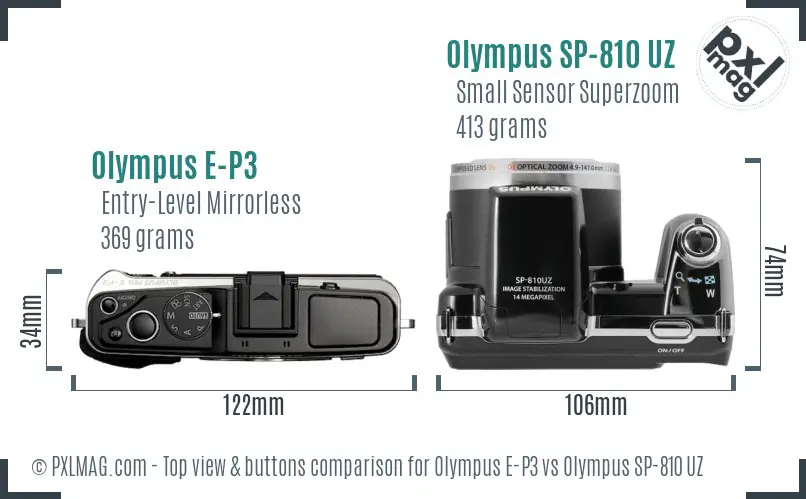 Olympus E-P3 vs Olympus SP-810 UZ top view buttons comparison