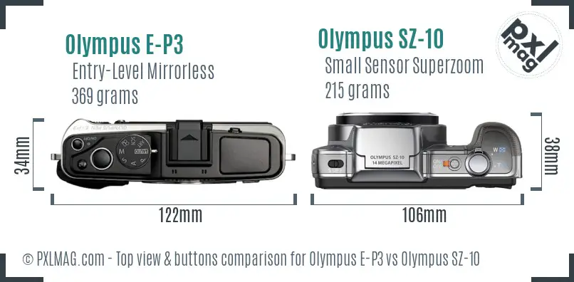 Olympus E-P3 vs Olympus SZ-10 top view buttons comparison