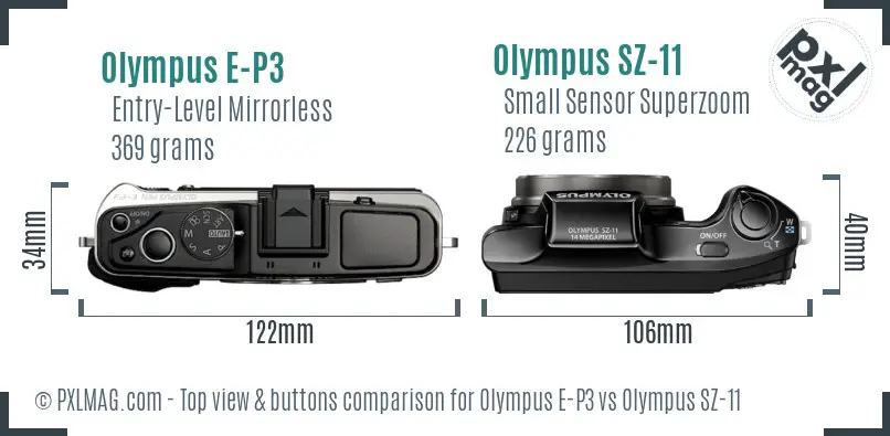 Olympus E-P3 vs Olympus SZ-11 top view buttons comparison