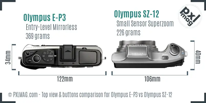 Olympus E-P3 vs Olympus SZ-12 top view buttons comparison