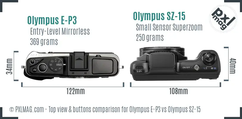 Olympus E-P3 vs Olympus SZ-15 top view buttons comparison