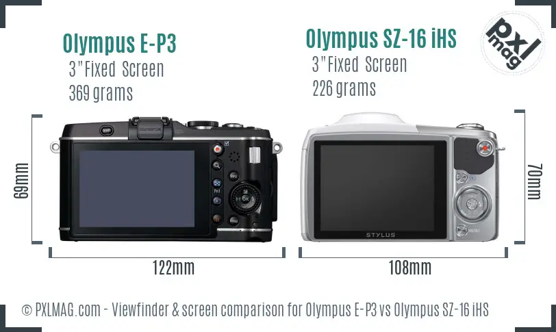 Olympus E-P3 vs Olympus SZ-16 iHS Screen and Viewfinder comparison