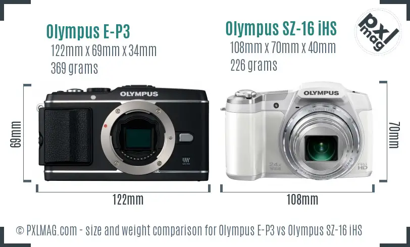 Olympus E-P3 vs Olympus SZ-16 iHS size comparison