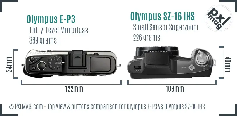 Olympus E-P3 vs Olympus SZ-16 iHS top view buttons comparison