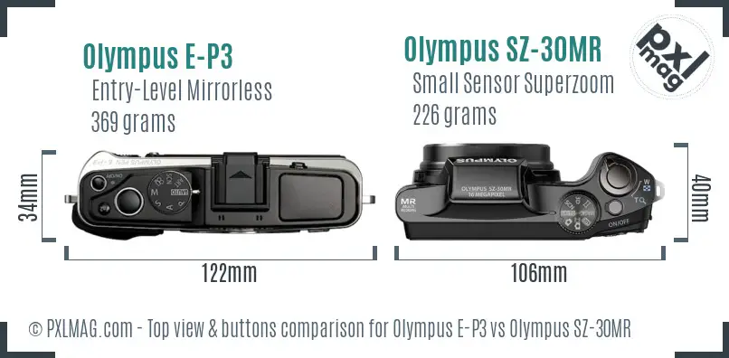 Olympus E-P3 vs Olympus SZ-30MR top view buttons comparison