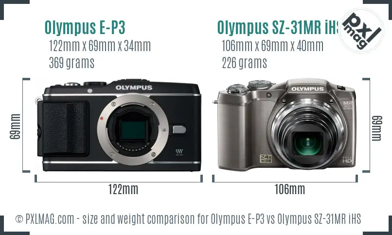 Olympus E-P3 vs Olympus SZ-31MR iHS size comparison