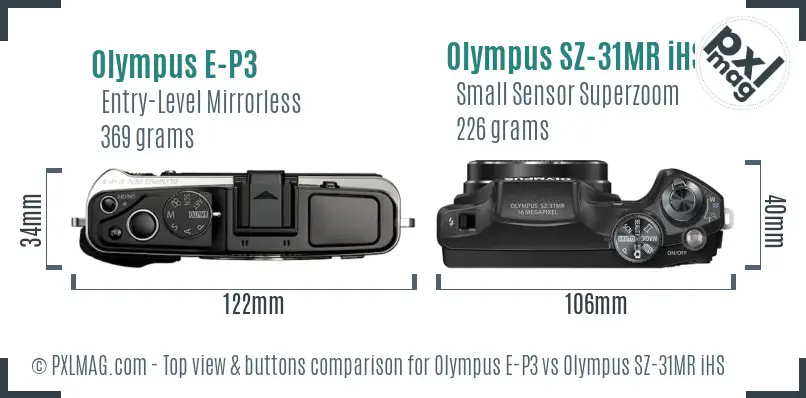 Olympus E-P3 vs Olympus SZ-31MR iHS top view buttons comparison