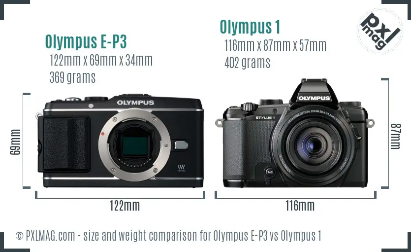 Olympus E-P3 vs Olympus 1 size comparison