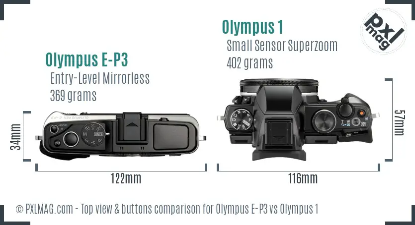 Olympus E-P3 vs Olympus 1 top view buttons comparison