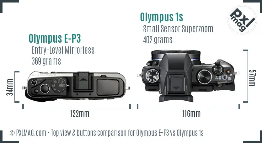 Olympus E-P3 vs Olympus 1s top view buttons comparison