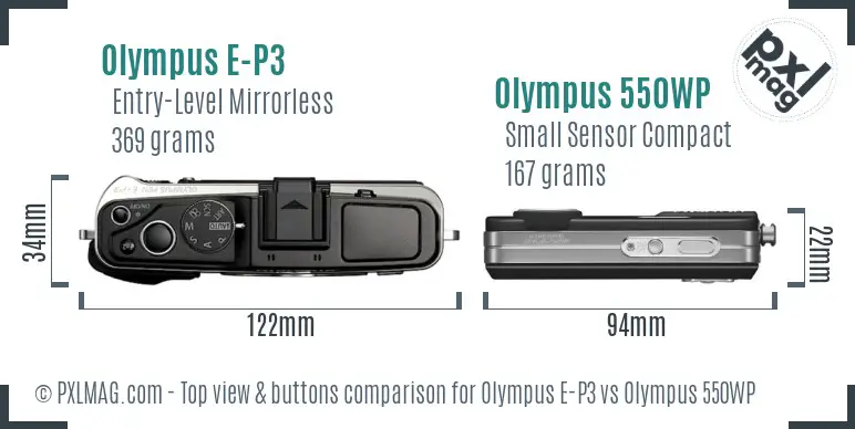 Olympus E-P3 vs Olympus 550WP top view buttons comparison