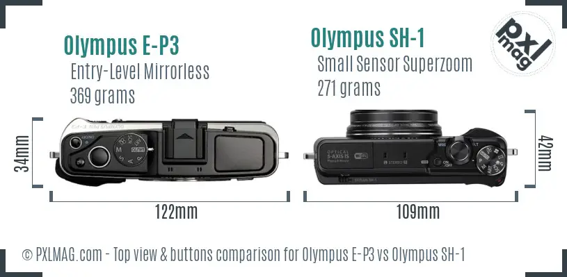 Olympus E-P3 vs Olympus SH-1 top view buttons comparison