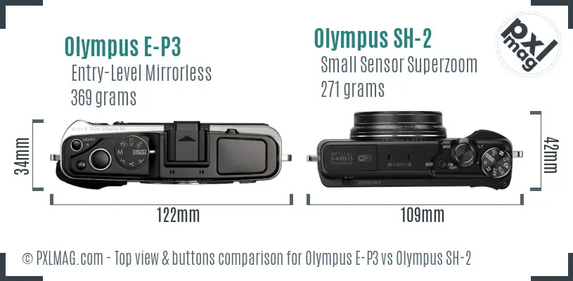 Olympus E-P3 vs Olympus SH-2 top view buttons comparison
