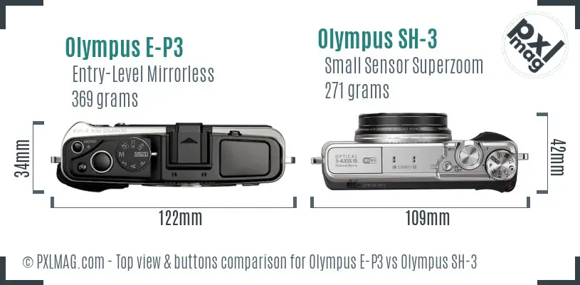 Olympus E-P3 vs Olympus SH-3 top view buttons comparison