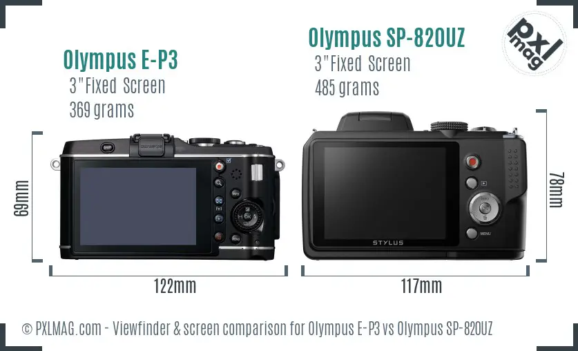 Olympus E-P3 vs Olympus SP-820UZ Screen and Viewfinder comparison
