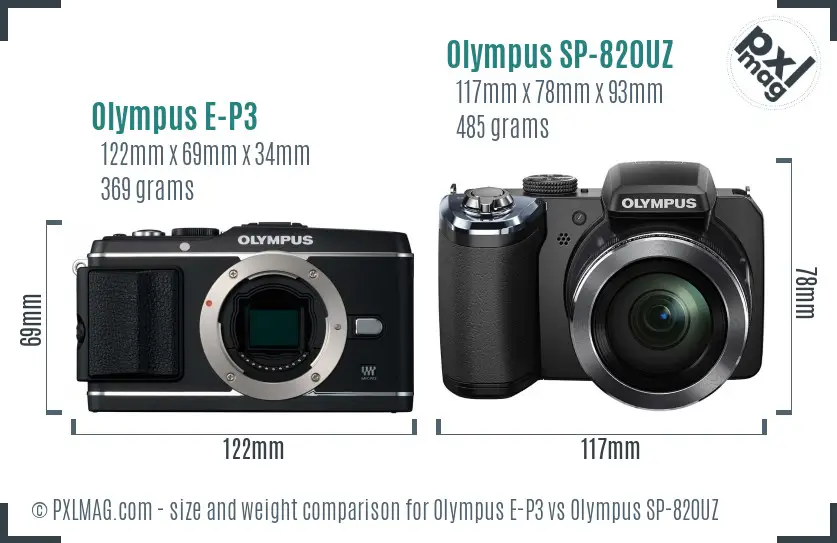 Olympus E-P3 vs Olympus SP-820UZ size comparison