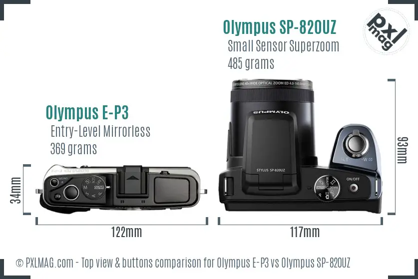 Olympus E-P3 vs Olympus SP-820UZ top view buttons comparison