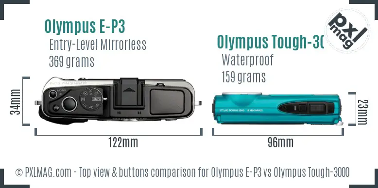 Olympus E-P3 vs Olympus Tough-3000 top view buttons comparison