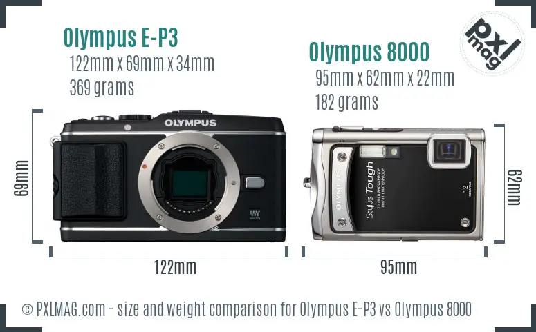 Olympus E-P3 vs Olympus 8000 size comparison