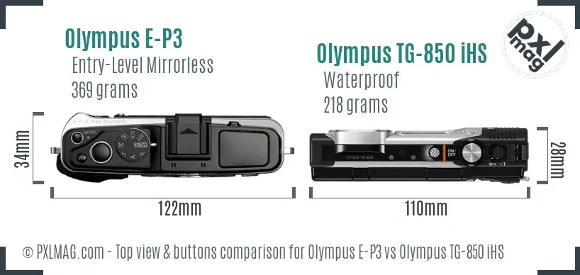 Olympus E-P3 vs Olympus TG-850 iHS top view buttons comparison