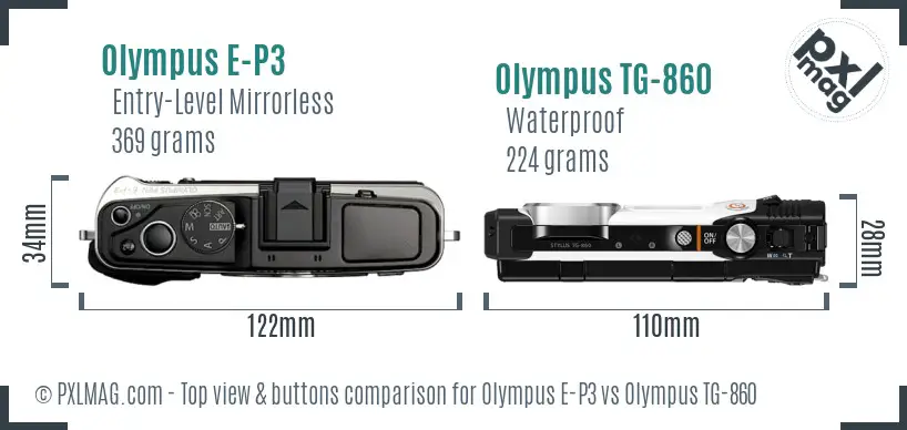 Olympus E-P3 vs Olympus TG-860 top view buttons comparison