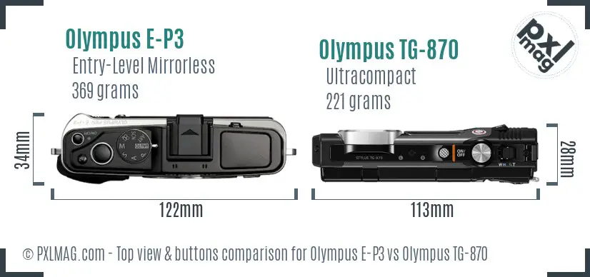 Olympus E-P3 vs Olympus TG-870 top view buttons comparison