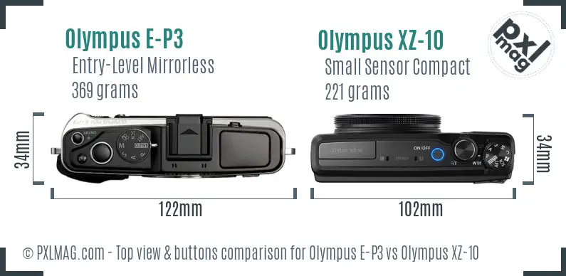 Olympus E-P3 vs Olympus XZ-10 top view buttons comparison