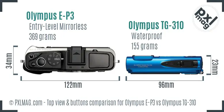 Olympus E-P3 vs Olympus TG-310 top view buttons comparison