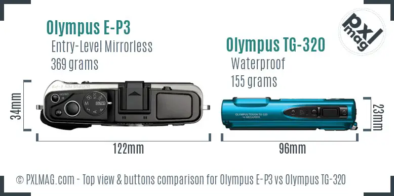 Olympus E-P3 vs Olympus TG-320 top view buttons comparison