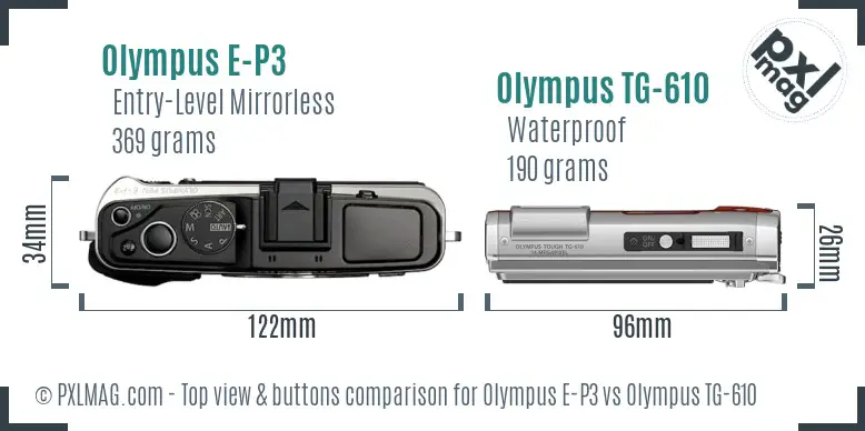 Olympus E-P3 vs Olympus TG-610 top view buttons comparison
