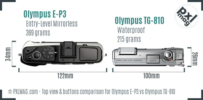 Olympus E-P3 vs Olympus TG-810 top view buttons comparison