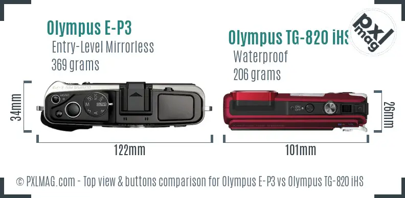 Olympus E-P3 vs Olympus TG-820 iHS top view buttons comparison